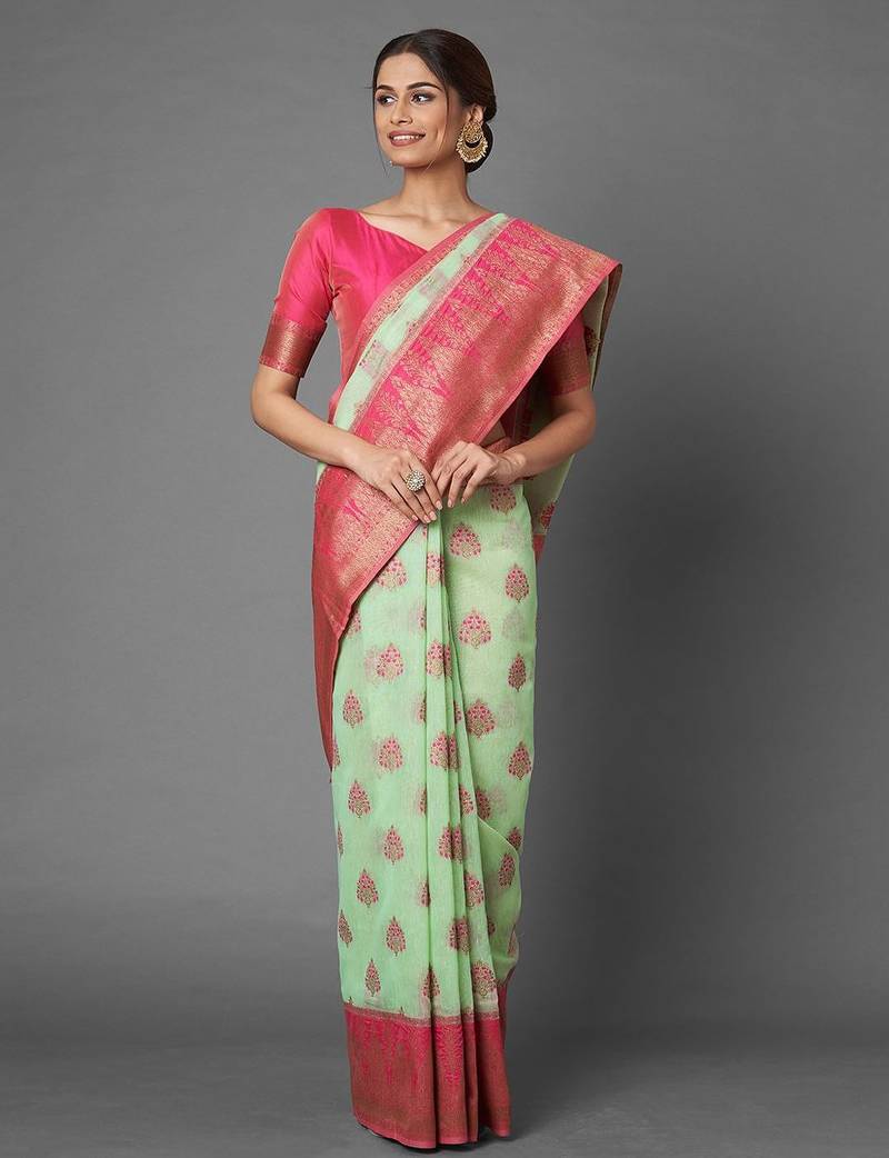 sea_green sea green floral zari silk blend banarasi saree