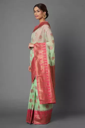 sea_green sea green floral zari silk blend banarasi saree