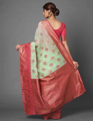 sea_green sea green floral zari silk blend banarasi saree 3