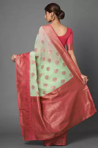 sea_green sea green floral zari silk blend banarasi saree