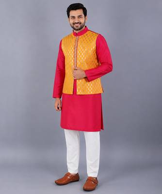 Pink embroidered cotton silk Men Kurta Set 1