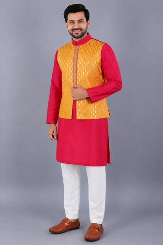 Pink embroidered cotton silk Men Kurta Set