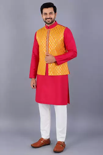 Pink embroidered cotton silk Men Kurta Set