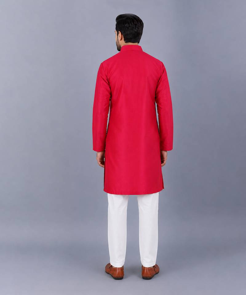 Pink embroidered cotton silk Men Kurta Set
