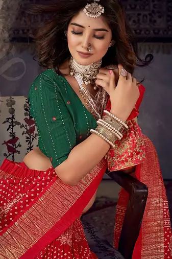 red mirror work bandhani saree
