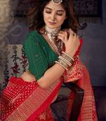 red mirror work bandhani saree