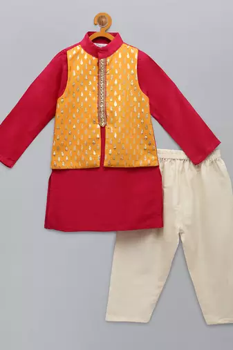 Pink embroidered cotton silk Men Kurta Set