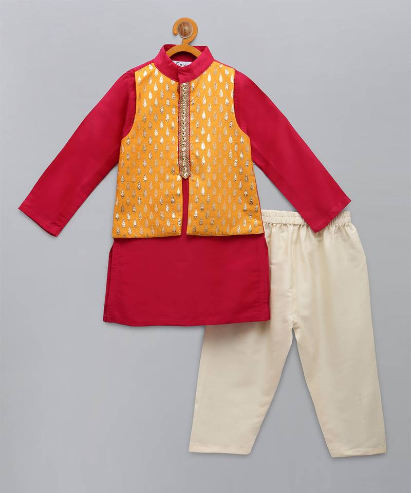 Pink embroidered cotton silk Men Kurta Set