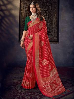 red mirror work bandhani saree 2