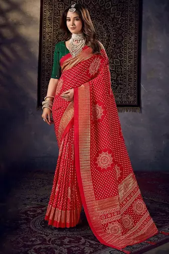 red mirror work bandhani saree