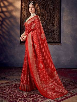 red mirror work bandhani saree 3