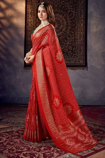 red mirror work bandhani saree