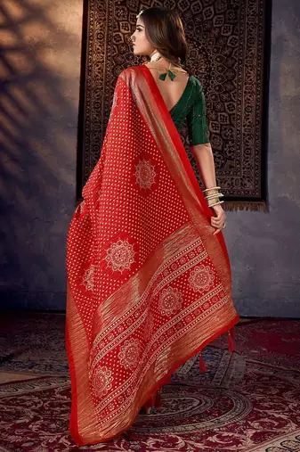 red mirror work bandhani saree