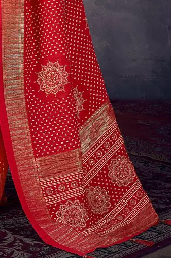 red mirror work bandhani saree