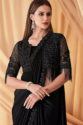 black embellished sequinned pure georgette saree
