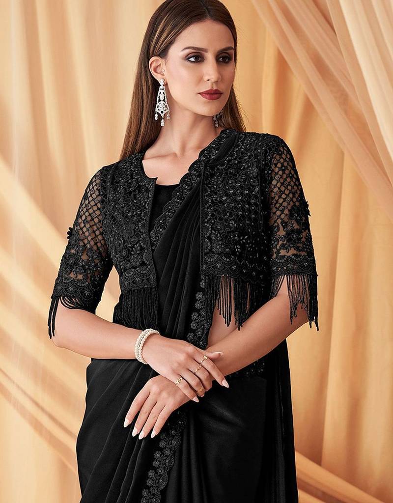 black embellished sequinned pure georgette saree