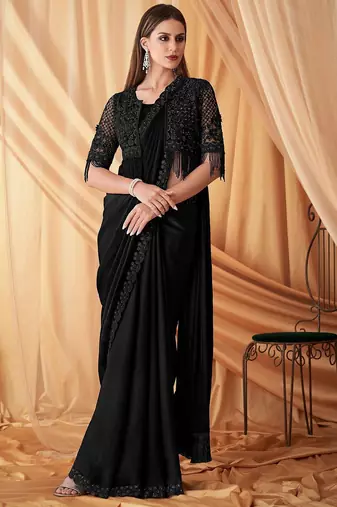 black embellished sequinned pure georgette saree