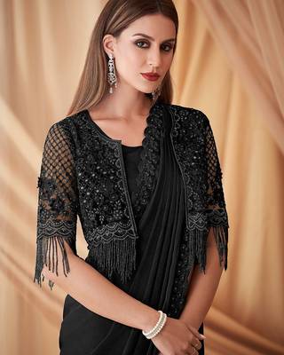 black embellished sequinned pure georgette saree 3