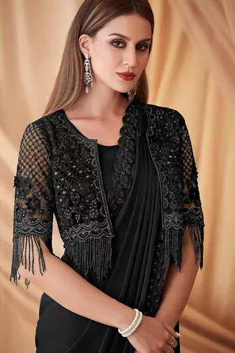 black embellished sequinned pure georgette saree