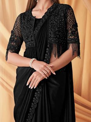 black embellished sequinned pure georgette saree 4