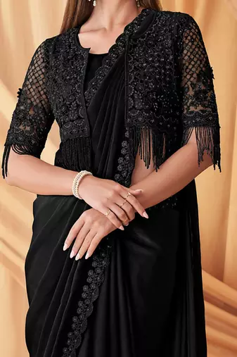 black embellished sequinned pure georgette saree