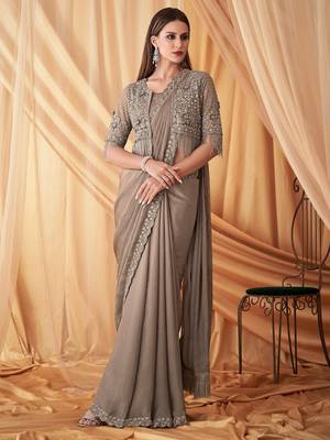 grey beads & stones embellished pure georgette saree with jacket with blouse 1