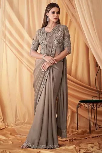 grey beads & stones embellished pure georgette saree with jacket with blouse