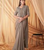 grey beads & stones embellished pure georgette saree with jacket with blouse