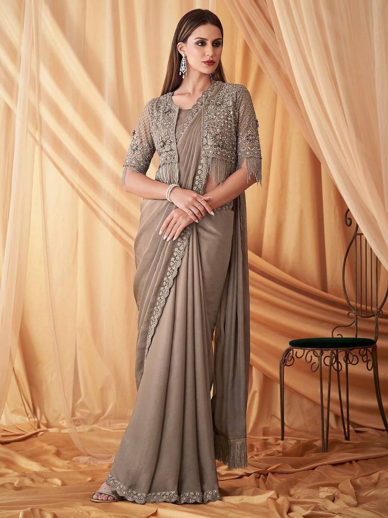 grey beads & stones embellished pure georgette saree with jacket with blouse