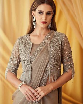 grey beads & stones embellished pure georgette saree with jacket with blouse 2