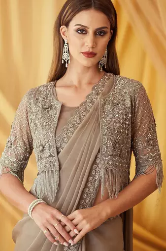 grey beads & stones embellished pure georgette saree with jacket with blouse