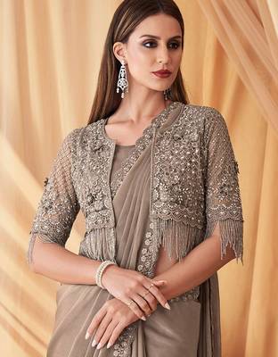 grey beads & stones embellished pure georgette saree with jacket with blouse 3