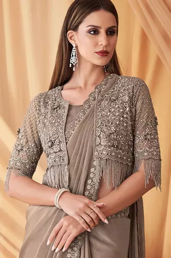 grey beads & stones embellished pure georgette saree with jacket with blouse