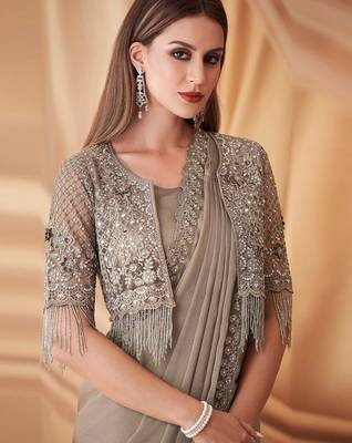 grey beads & stones embellished pure georgette saree with jacket with blouse 4