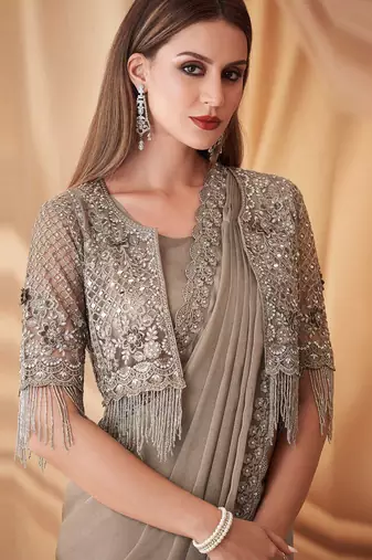 grey beads & stones embellished pure georgette saree with jacket with blouse
