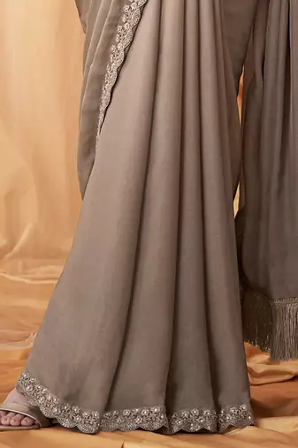 grey beads & stones embellished pure georgette saree with jacket with blouse