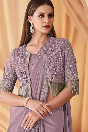 lavender embellished sequinned poly georgette saree