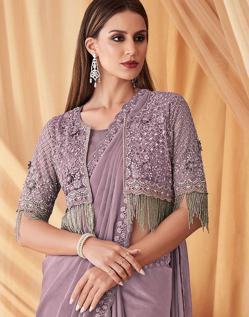 lavender embellished sequinned poly georgette saree