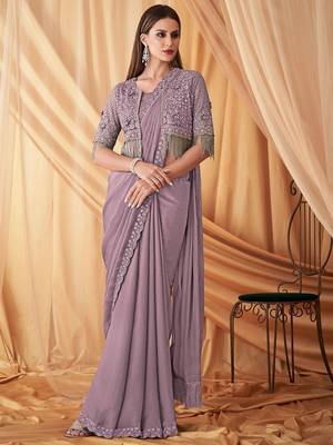 lavender embellished sequinned poly georgette saree 2