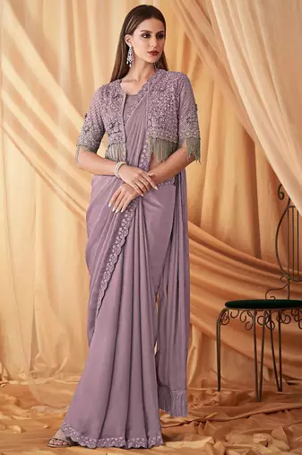 lavender embellished sequinned poly georgette saree