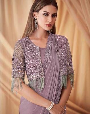 lavender embellished sequinned poly georgette saree 3