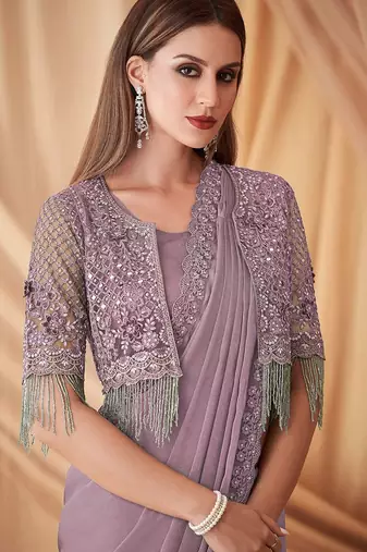 lavender embellished sequinned poly georgette saree