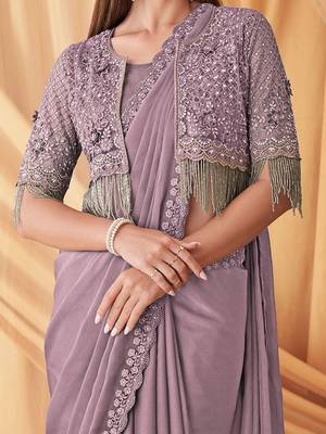 lavender embellished sequinned poly georgette saree 4
