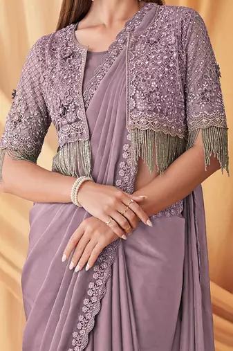 lavender embellished sequinned poly georgette saree