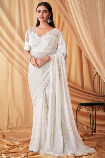 white embellished sequinned pure georgette saree