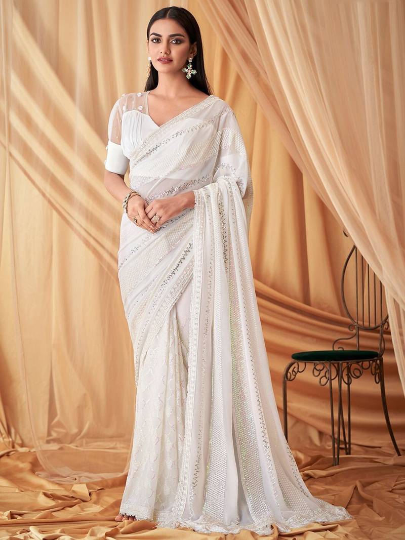 white embellished sequinned pure georgette saree
