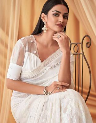 white embellished sequinned pure georgette saree 2
