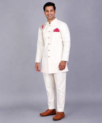 White embroidered raw silk Men Bandhgala and Pant 2