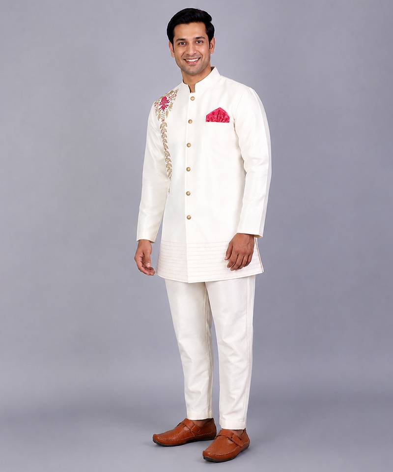 White embroidered raw silk Men Bandhgala and Pant