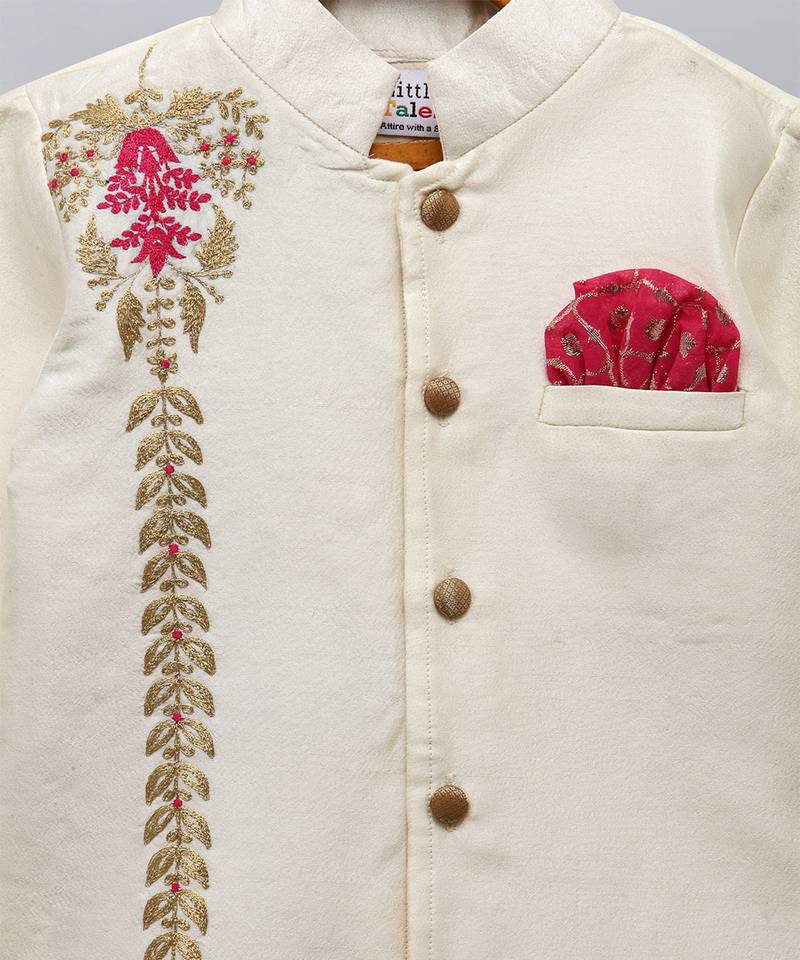 White embroidered raw silk Men Bandhgala and Pant